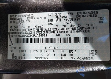 2016 Ford Escape Se from USA, damaged, VIN 1FMCU0GX9GUA94592